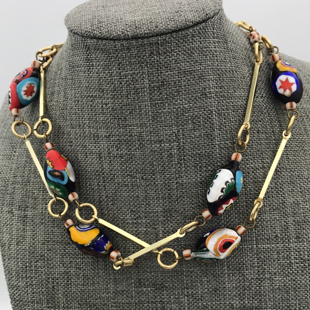 Multicolor Venetian Millefiori Glass Bead Necklace with Gold-Tone Links